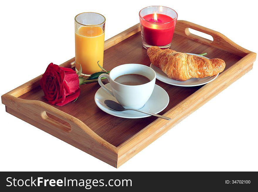 Breakfast table with orange juice, croissant and coffee. Breakfast table with orange juice, croissant and coffee