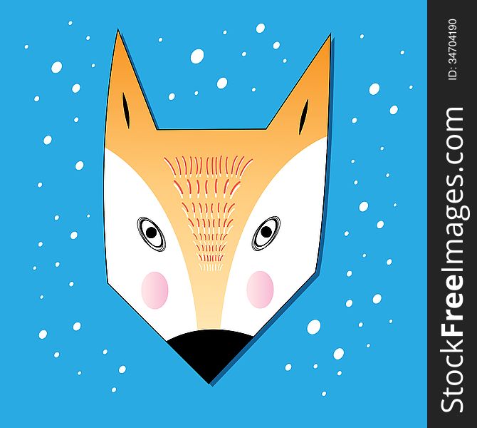 Graphic portrait of a fox on a blue background with snow