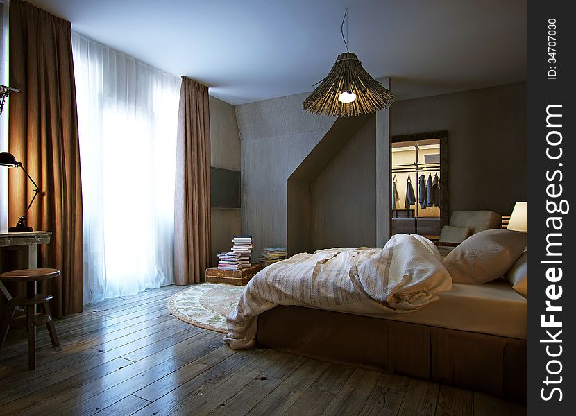 Modern interior of a bedroom, 3d render