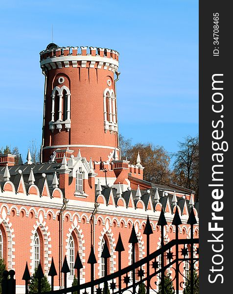 Beautiful tower of the Travel Petrovsky Palace against the blue sky. Beautiful tower of the Travel Petrovsky Palace against the blue sky