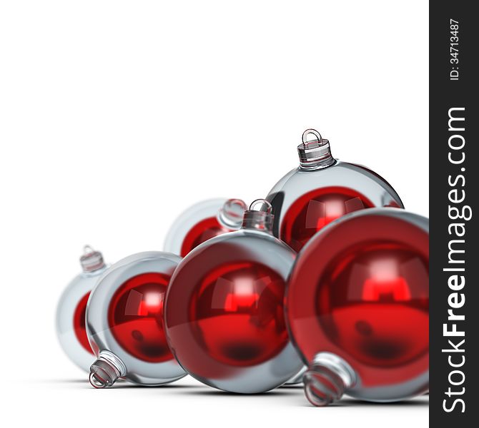 Red christmas balls over white background with blur effect, decorative element for and angle