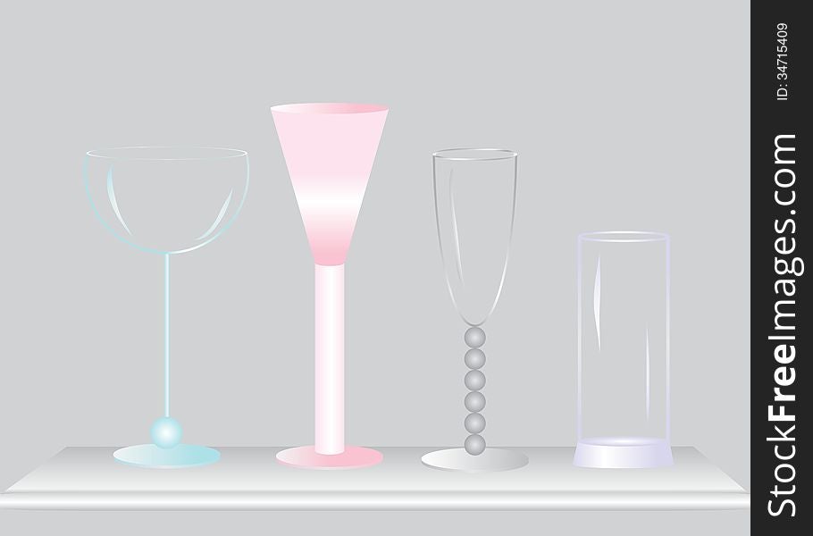Wine glasses. Four glass cups on a shelf