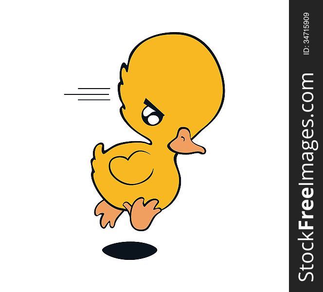Angry yellow duckling with big head and small wings runs fast. Angry yellow duckling with big head and small wings runs fast