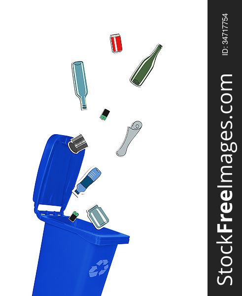 Closeup of blue recycle bin with open lid and recyclable materials