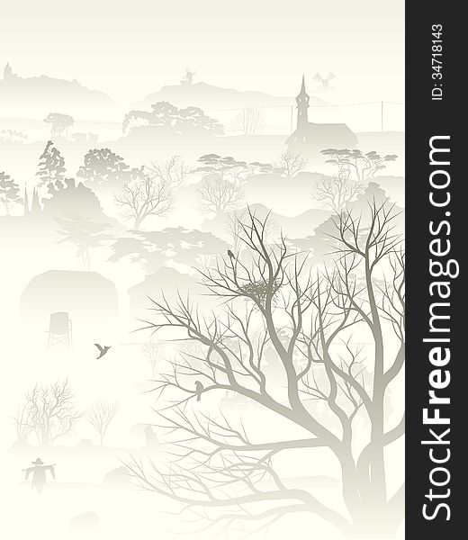 Vertical illustration of wood valley, morning fog with nest in tree and birds pale tone. Vertical illustration of wood valley, morning fog with nest in tree and birds pale tone.