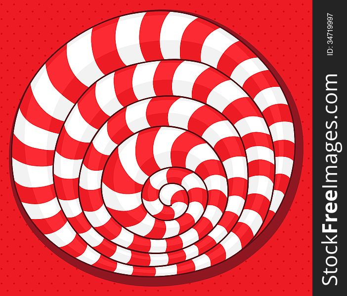 Red and white handdrawn spiral with polka dots background. Red and white handdrawn spiral with polka dots background