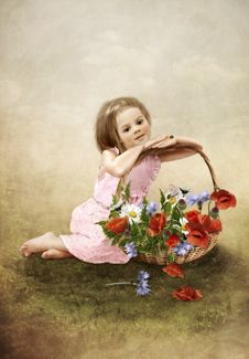 The Girl With A Basket Of Flowers Royalty Free Stock Image The Girl With A Basket Of Flowers Royalty Free Stock Image