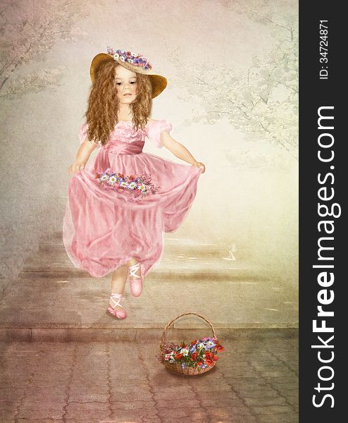 Little Dancer in the pink dress and hat with flowers on the stairs under the trees