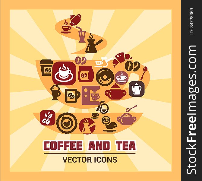 Colorful Coffee And Tea Icons Set. Vector Illustration.