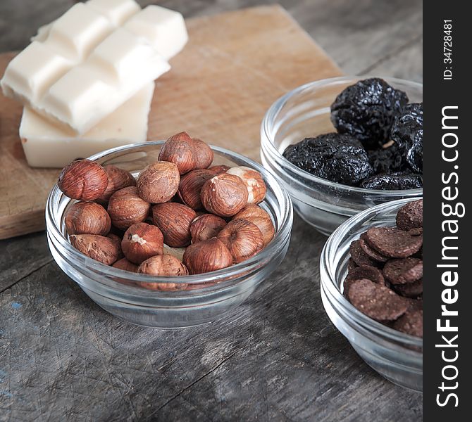 Baking ingredients for cake on a wooden table