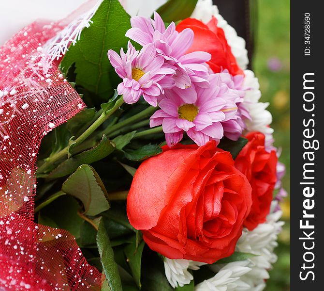 Bouquet of red roses and chrysanthemums in a festive package. Bouquet of red roses and chrysanthemums in a festive package