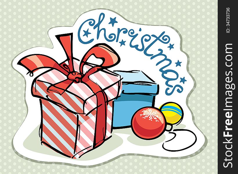 Christmas card with colorful gifts doodles and new year balls