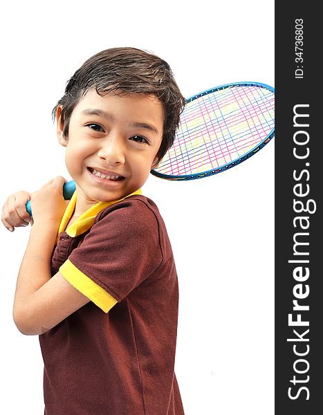 Sport boy play badminton on white background