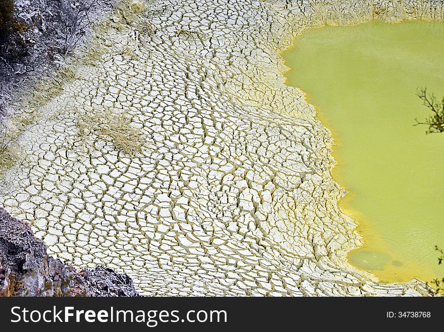 Pool of dirty green water and dry cracked muddy ground on the side. Pool of dirty green water and dry cracked muddy ground on the side