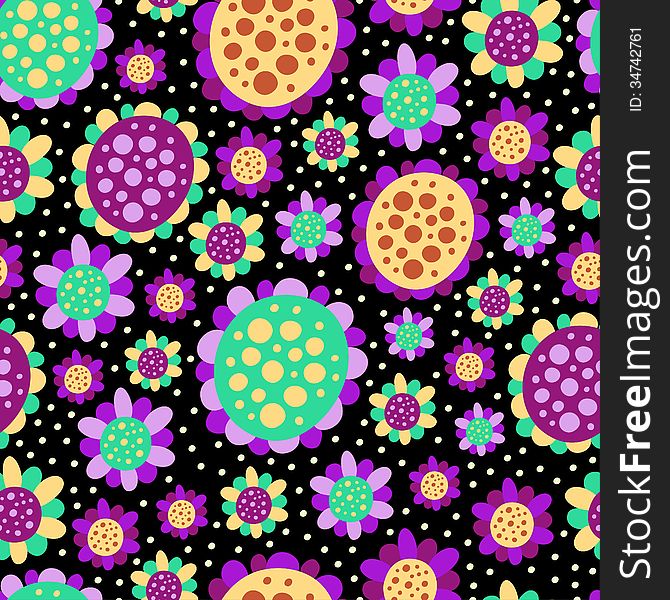 Seamless pattern with different flowers on a dark