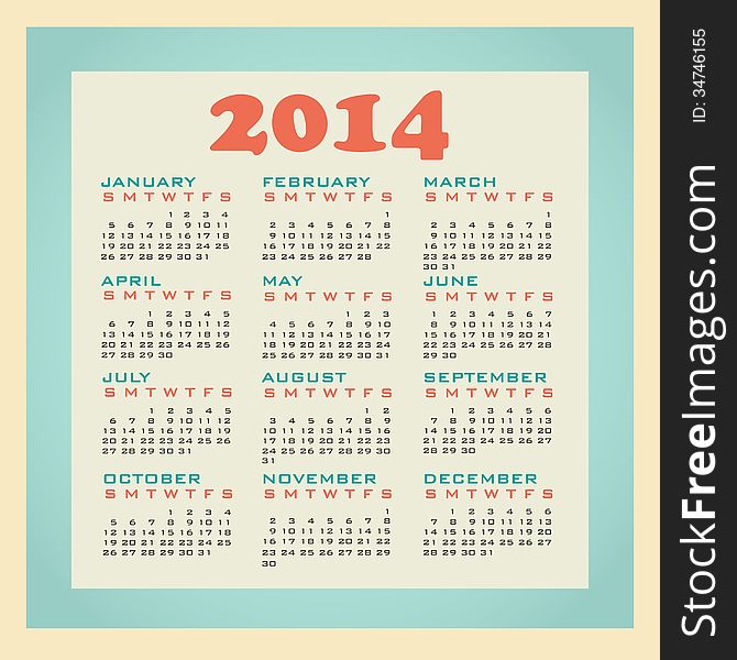 2014 calendar in retro style 20th century