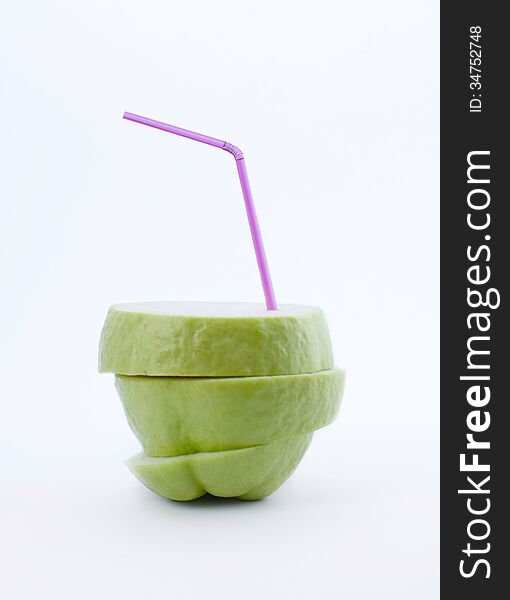 Guava fruit with straw on clean white background