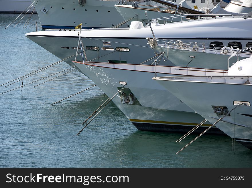 Bows of several luxury yachts at a marina