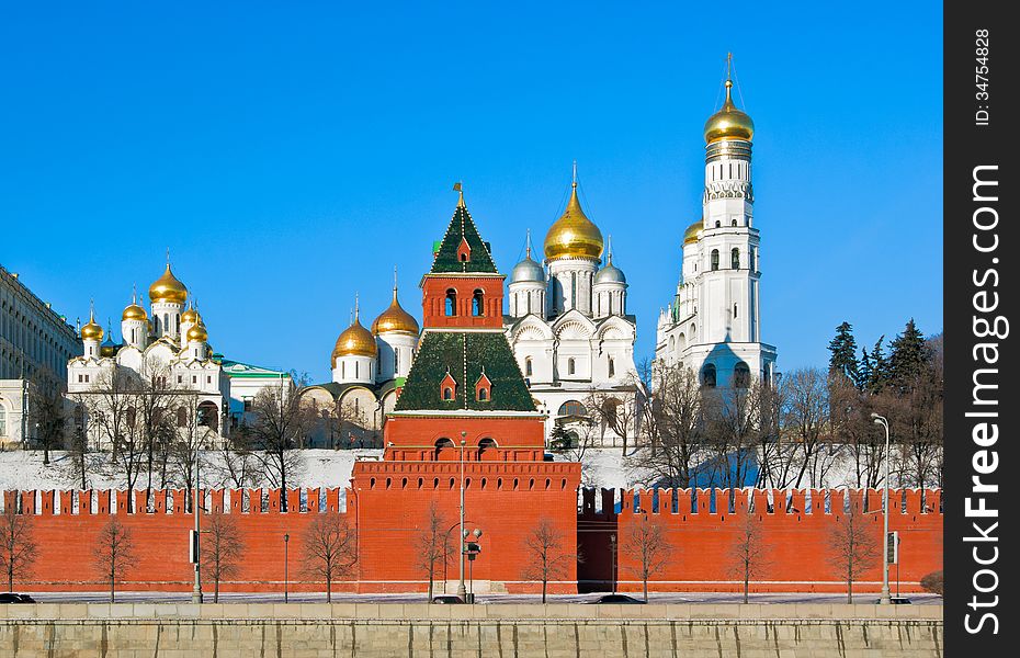 Secret Tower against cathedrals of Moscow Kremlin, Russia