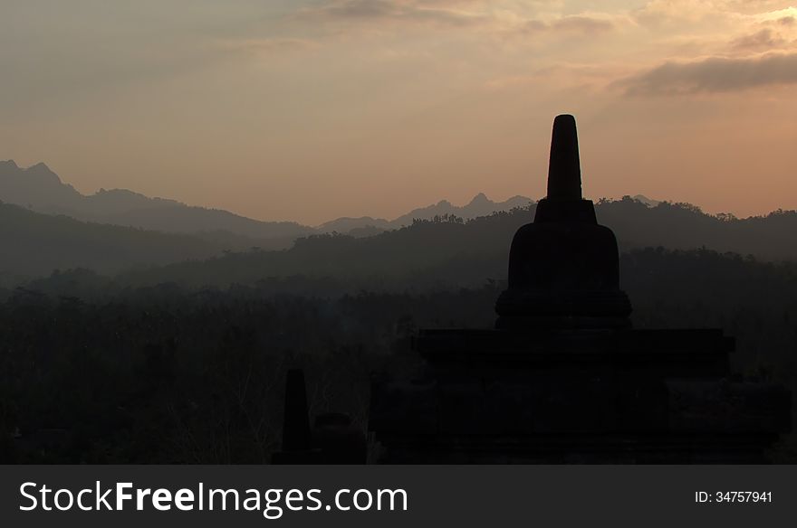 Mystical mists close around the stupa of Borobudur. Mystical mists close around the stupa of Borobudur