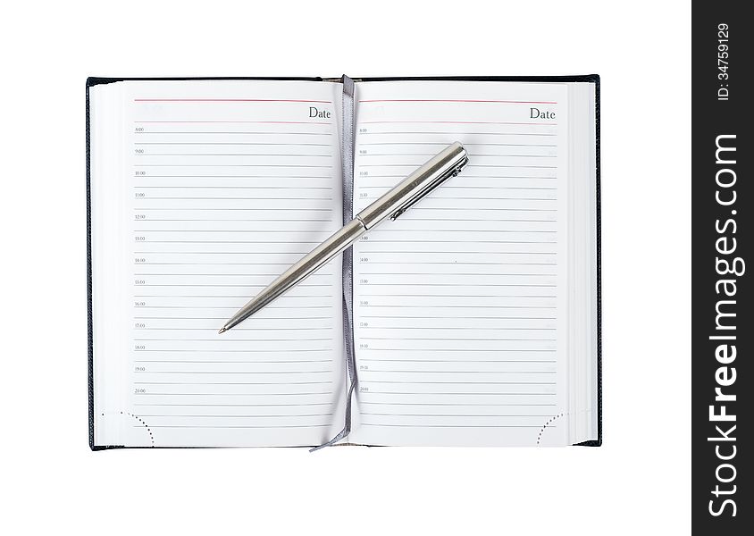 Opened diary with pen isolated on white background