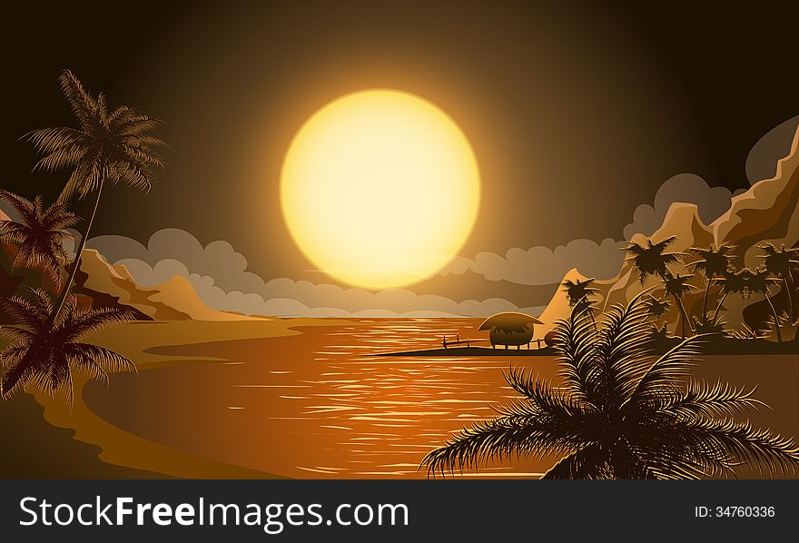 Illustration of the micronesia island at sunset. Illustration of the micronesia island at sunset