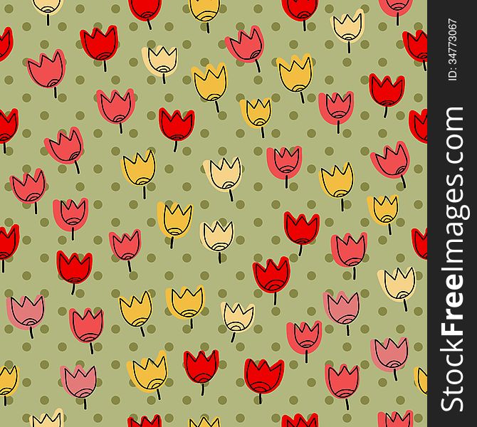 Seamless Pattern With Many Of Tulips On A Backgrou