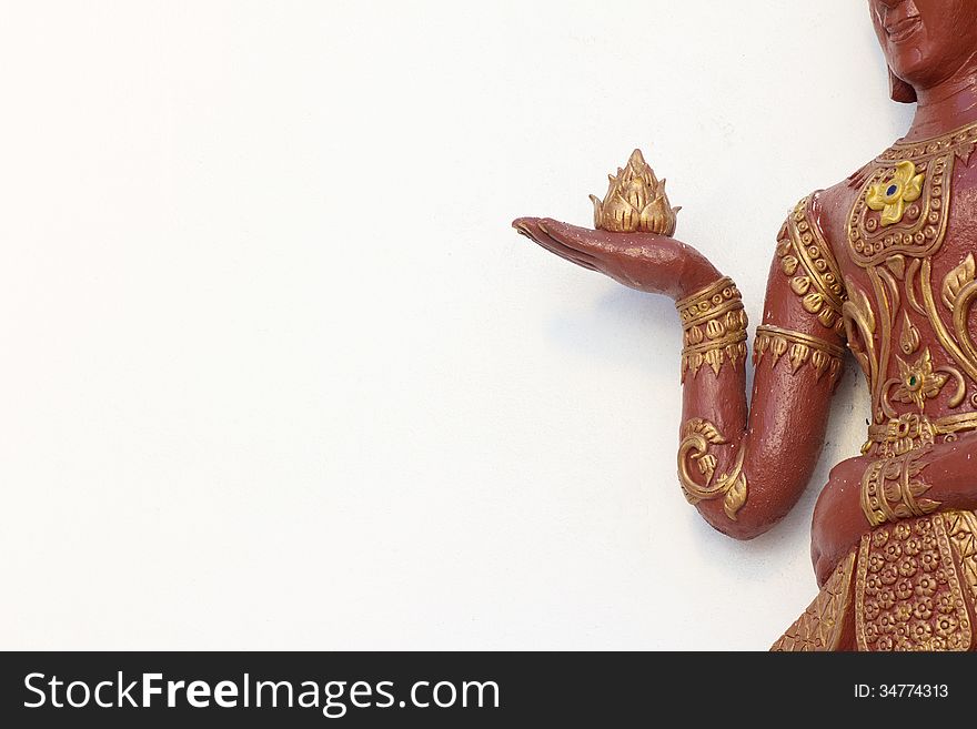Statue lotus in hand red gold on white background
