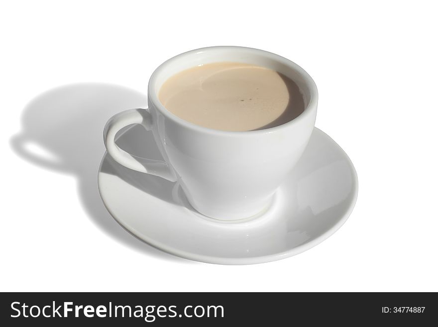 A cup of coffee with milk on white background. A cup of coffee with milk on white background.
