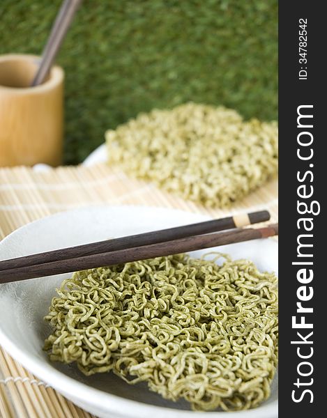 Green vegetable instant noodle in bowl. Green vegetable instant noodle in bowl