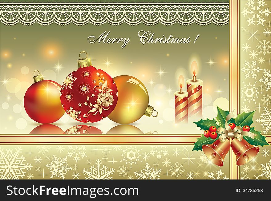 Christmas card with balls and candles decoration