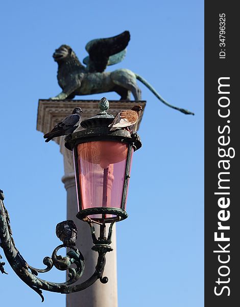 Lantern and lion on the Piazza San Marco, Italy