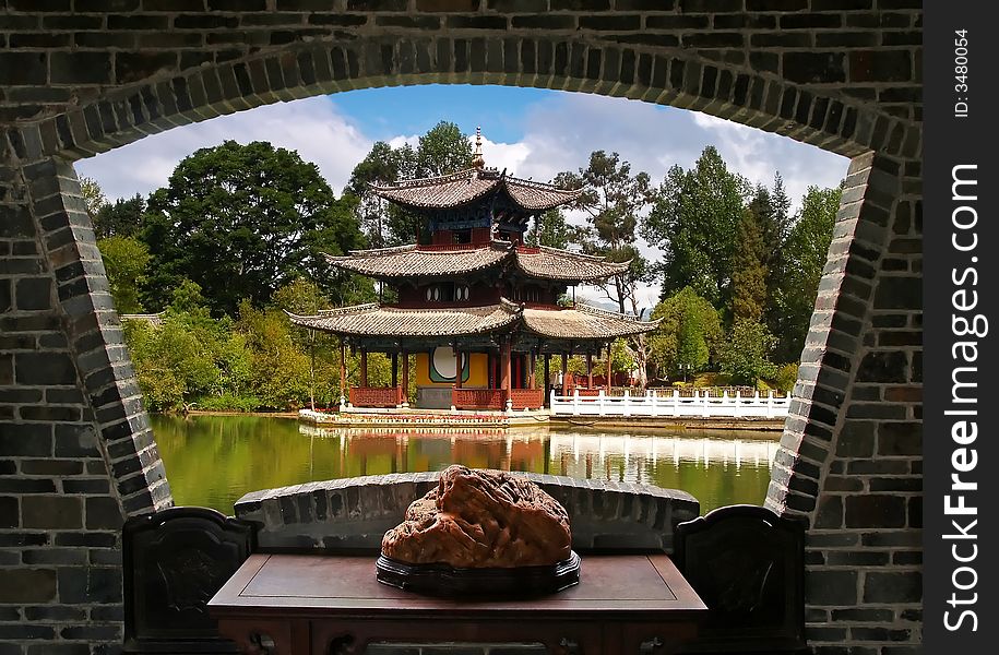 A scenery view of Lijiang in southern China through a window