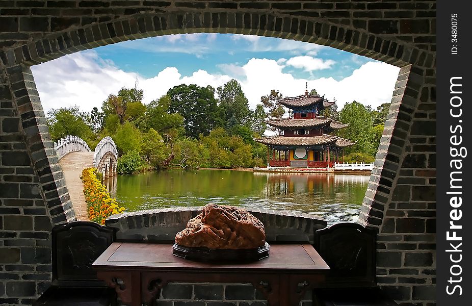 A scenery view of Lijiang in southern China through a window