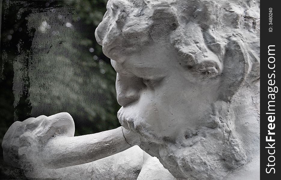 Statue of a man sounding the begining of a battle; Situated in central park in Cluj-Napoca City, Romania.