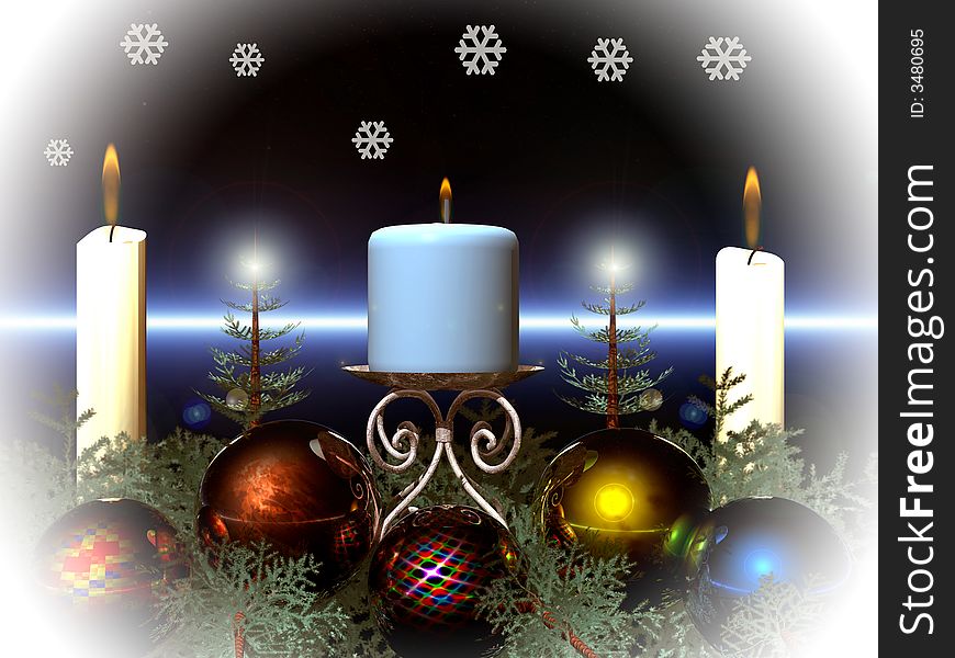 Christmas decoration and candle,candle and snow,ball and tree