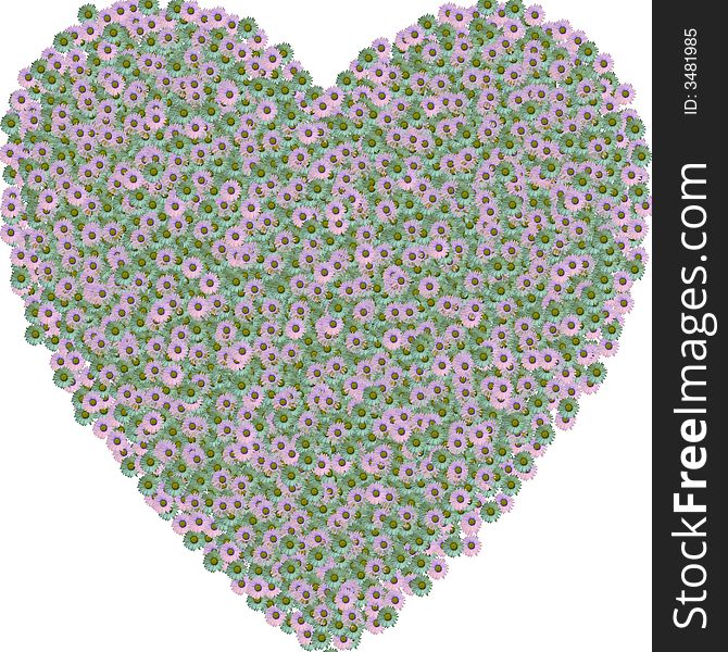 Heart filled with greeny and pinky flowers with white background. Heart filled with greeny and pinky flowers with white background