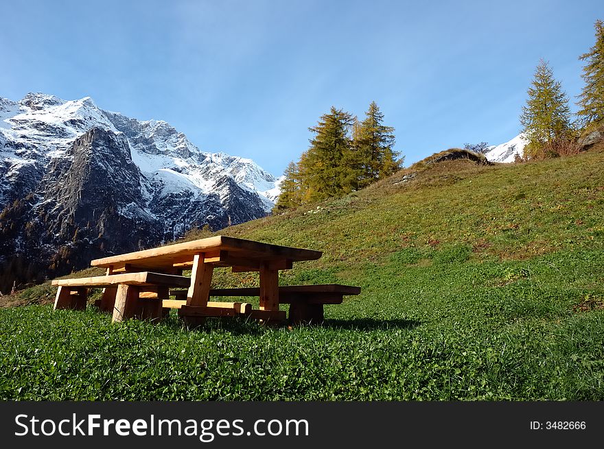 Wooden desk in a mountain rural house;west alps, Italy