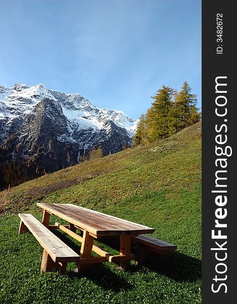 Wooden desk in a mountain rural house;west alps, Italy