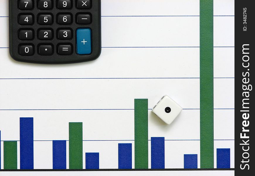 A calculator and a dice over a bar graph of increasing trend. A calculator and a dice over a bar graph of increasing trend