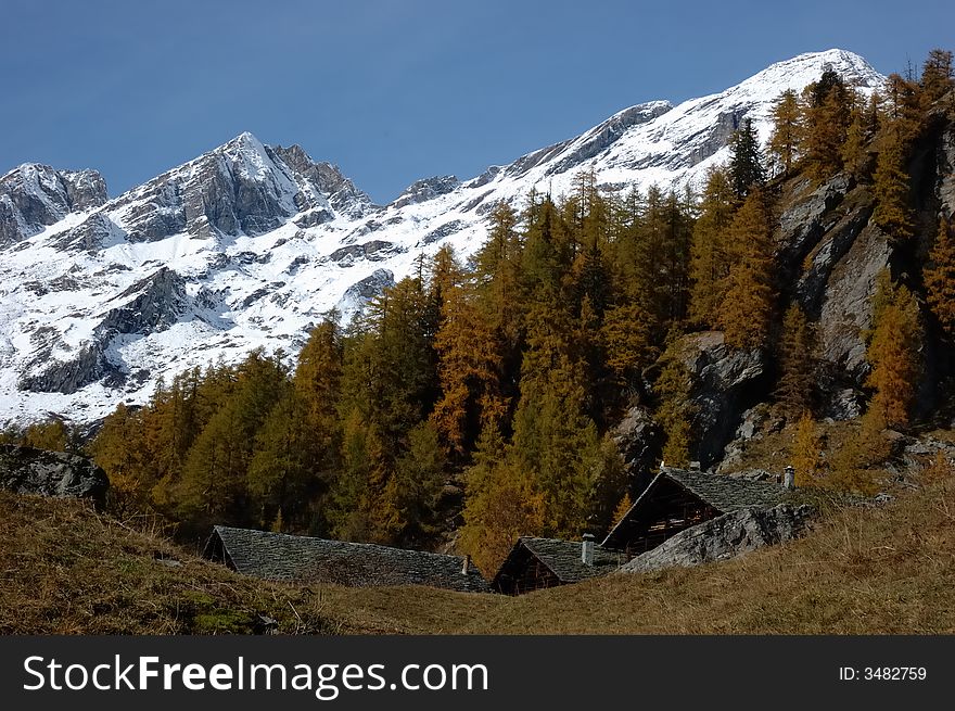 Mountain village during fall season; west Alps, Italy