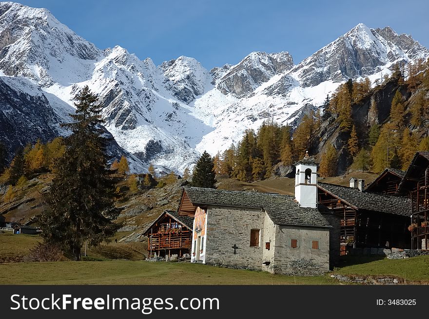 Small church of a mountain village; west alps, Italy. Small church of a mountain village; west alps, Italy