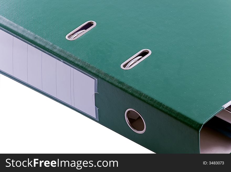 Documents in green file binder on white background. Documents in green file binder on white background