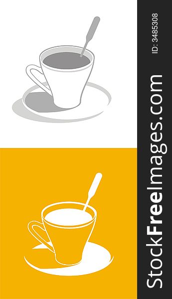 Cup of coffee on orange and white background. Vector.