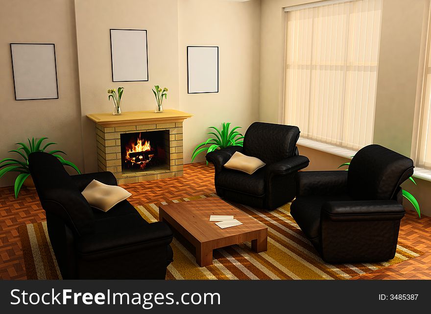 Modern interior design with fireplace and sofas. Modern interior design with fireplace and sofas