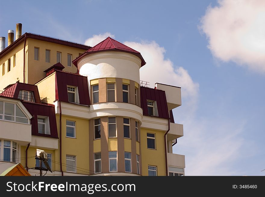 Bottom-up view on the elevation of building in the center of Ekaterinburg city