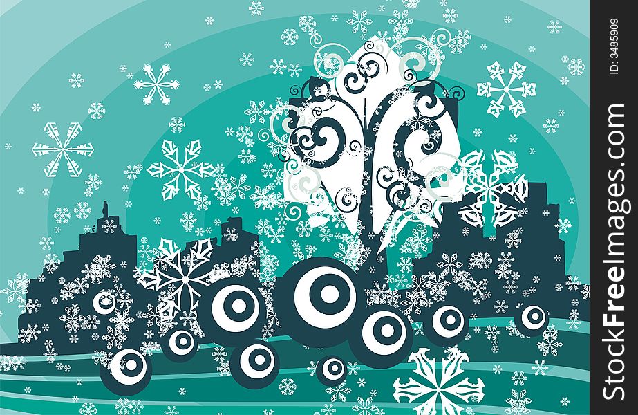 Abstract winter background with a tree, a cityscape and snowflakes,  illustration series. Abstract winter background with a tree, a cityscape and snowflakes,  illustration series.