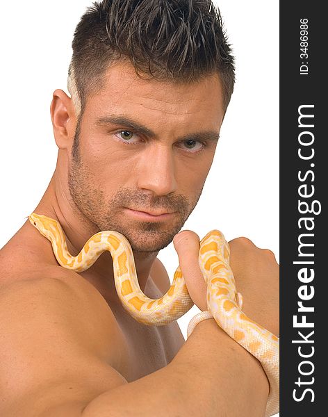 Portrait young men with the snake on a white background. Portrait young men with the snake on a white background