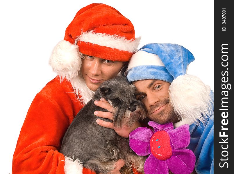 Two men in suits Santa Claus with a dog on white background. Two men in suits Santa Claus with a dog on white background