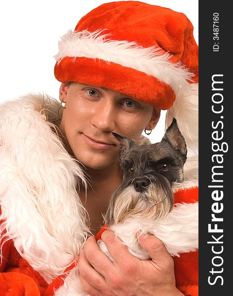 The man in suit Santa Claus with a dog on white background. The man in suit Santa Claus with a dog on white background
